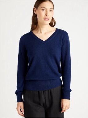 Quince 100% Mongolian Cashmere V-Neck Sweater XL Navy Blue